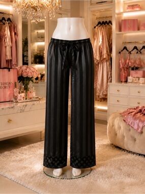 Victoria's Secret Black Satin-Striped Wide-Leg Lounge Pants with Polka-Hem